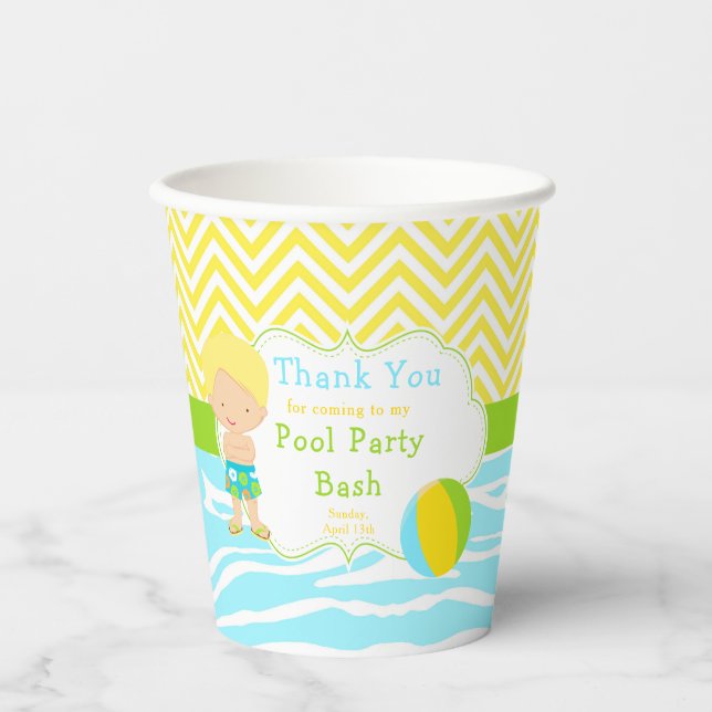 Blonde Hair Boy Pool Party Bash Party Paper Cups (Front)