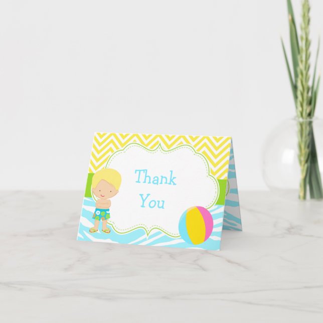 Blonde Hair Boy Pool Party Bash Party Thank You Card (Front)