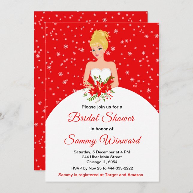 Blonde Hair Bride Snowflake Red Bridal Shower Invitation (Front/Back)