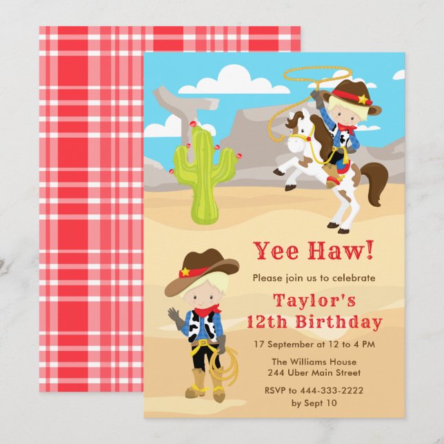 Blonde Hair Cowboy Birthday Party Invitation (Front/Back)