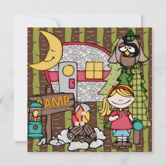 Blonde Hair Girl Camping Birthday Invitations (Front)