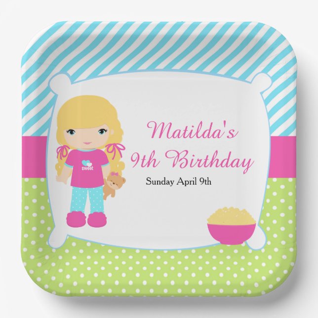 Blonde Hair Girl Sleepover Slumber Party Paper Plate (Front)