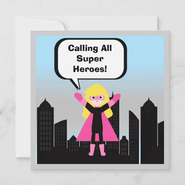 Blonde Hair Girl Super Hero Birthday Invitation (Front)
