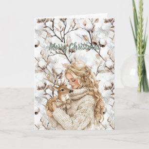 Blonde Hair Girl with Deer Christmas Card
