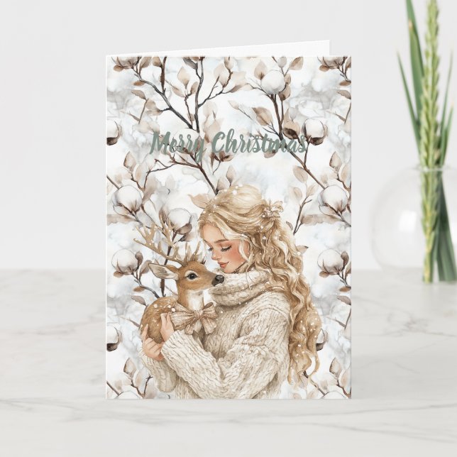 Blonde Hair Girl with Deer Christmas Card (Front)