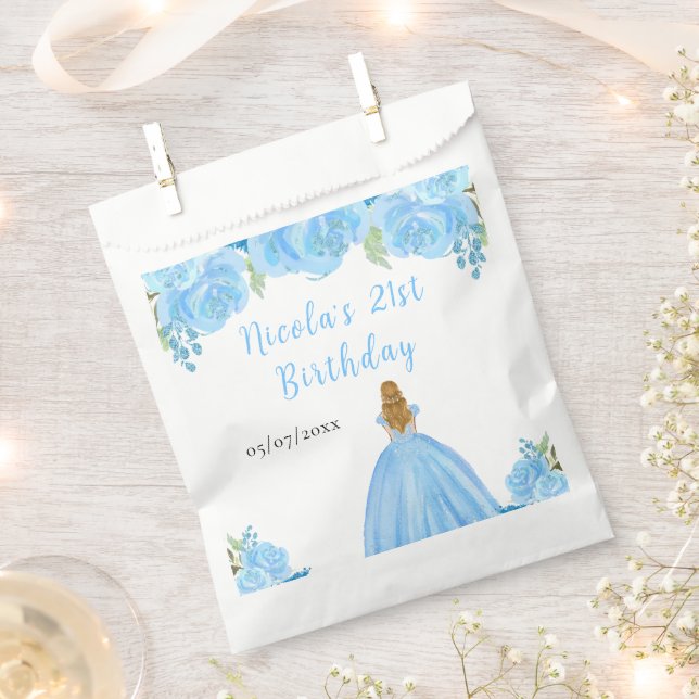 Blonde Hair Princess Blue Floral Birthday Party Favour Bag (Clipped)