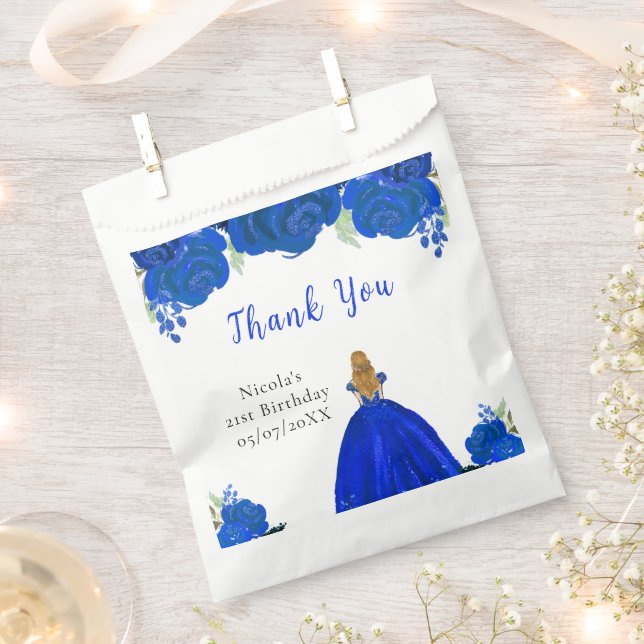 Blonde Hair Princess Blue Floral Birthday Party Favour Bag (Clipped)