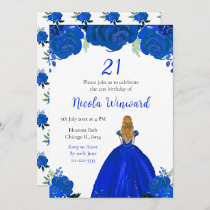 Blonde Hair Princess Blue Floral Birthday Party Invitation