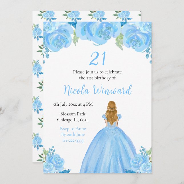 Blonde Hair Princess Blue Floral Birthday Party Invitation (Front/Back)