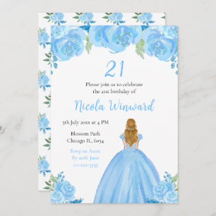 Blonde Hair Princess Blue Floral Birthday Party Invitation
