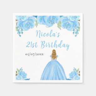 Blonde Hair Princess Blue Floral Birthday Party Napkin