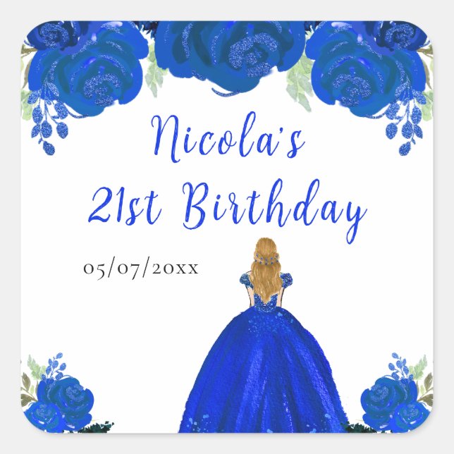 Blonde Hair Princess Blue Floral Birthday Party Square Sticker (Front)