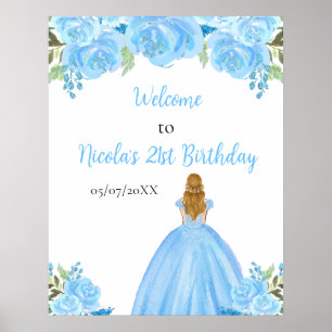 Blonde Hair Princess Blue Floral Birthday Welcome Poster