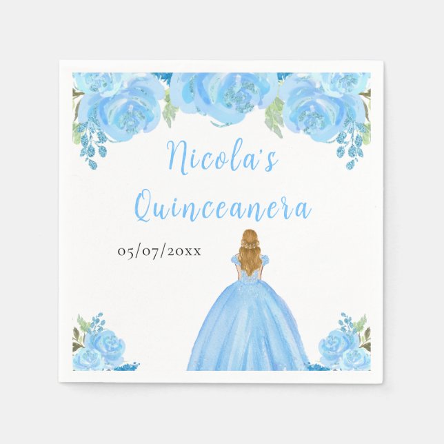 Blonde Hair Princess Blue Floral Quinceanera Napkin (Front)