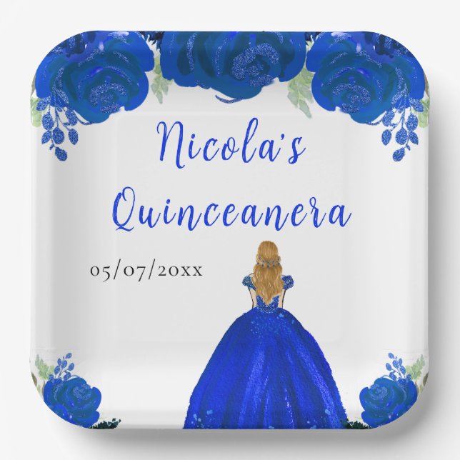 Blonde Hair Princess Blue Floral Quinceanera Paper Plate (Front)