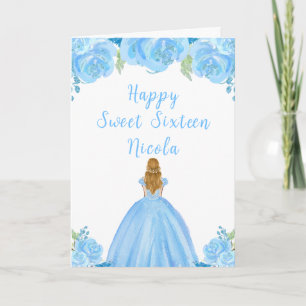 Blonde Hair Princess Blue Floral Sweet Sixteen  Card