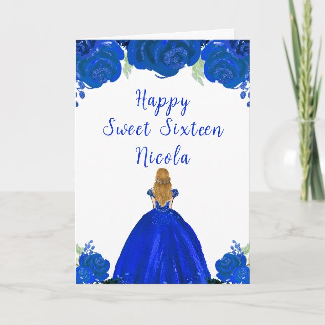 Blonde Hair Princess Blue Floral Sweet Sixteen  Card (Front)