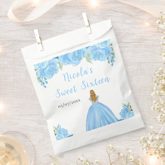 Blonde Hair Princess Blue Floral Sweet Sixteen  Favour Bag (Clipped)