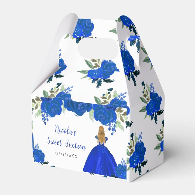 Blonde Hair Princess Blue Floral Sweet Sixteen Favour Box (Front Side)