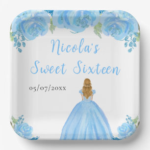 Blonde Hair Princess Blue Floral Sweet Sixteen Paper Plate
