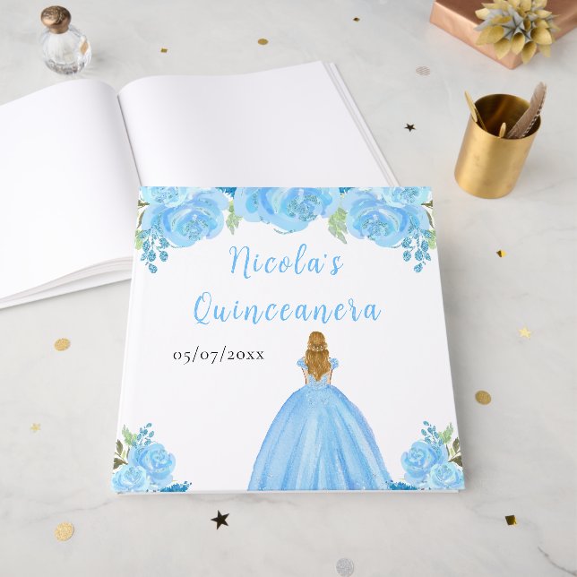Blonde Hair Princess Blue Quinceanera Guest Book (Front Open)