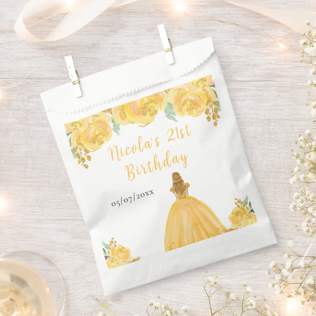 Blonde Hair Princess Gold Floral Birthday Party Favour Bag (Clipped)