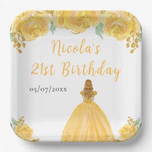 Blonde Hair Princess Gold Floral Birthday Party Paper Plate