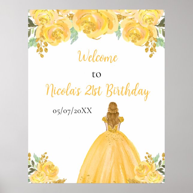 Blonde Hair Princess Gold Floral Birthday Welcome Poster (Front)