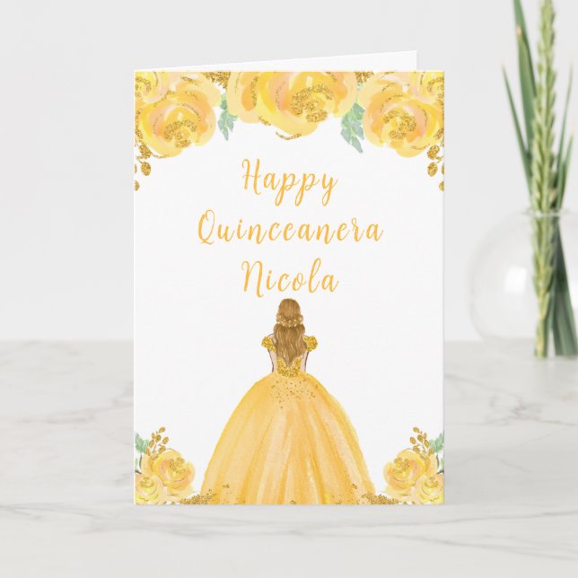 Blonde Hair Princess Gold Floral Quinceanera Card (Front)
