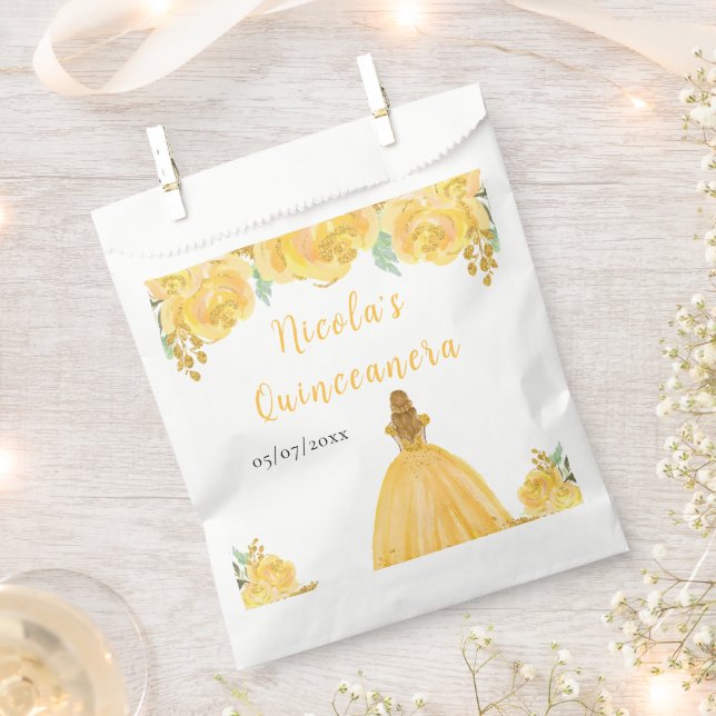 Blonde Hair Princess Gold Floral Quinceanera Favour Bag (Clipped)