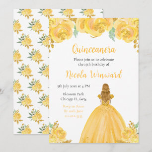 Blonde Hair Princess Gold Floral Quinceanera Invitation