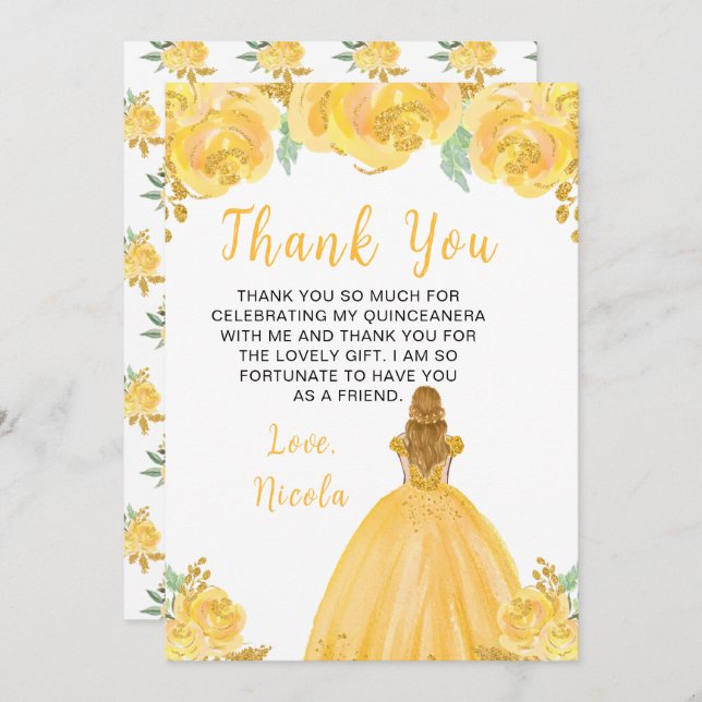 Blonde Hair Princess Gold Floral Quinceanera Thank You Card (Front/Back)