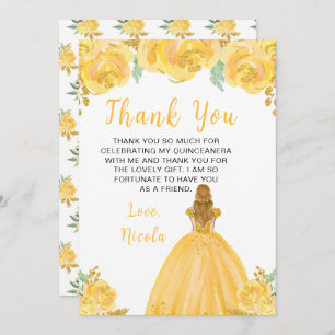 Blonde Hair Princess Gold Floral Quinceanera Thank You Card