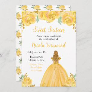 Blonde Hair Princess Gold Floral Sweet Sixteen Invitation