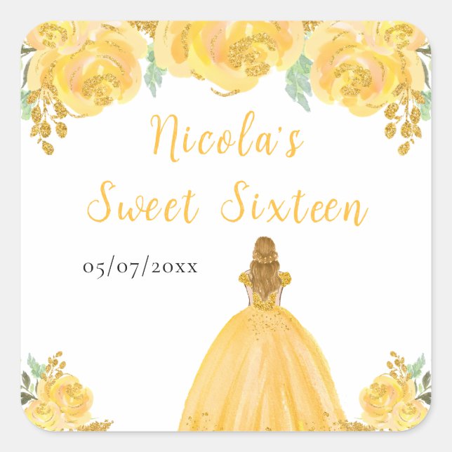 Blonde Hair Princess Gold Floral Sweet Sixteen  Square Sticker (Front)