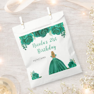 Blonde Hair Princess Green Floral Birthday Party Favour Bag