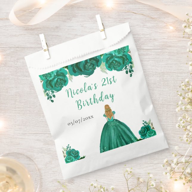 Blonde Hair Princess Green Floral Birthday Party Favour Bag (Clipped)