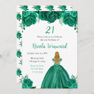 Blonde Hair Princess Green Floral Birthday Party Invitation