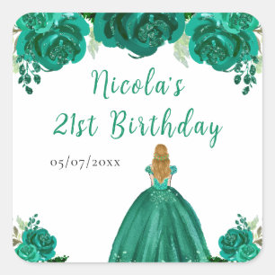 Blonde Hair Princess Green Floral Birthday Party Square Sticker