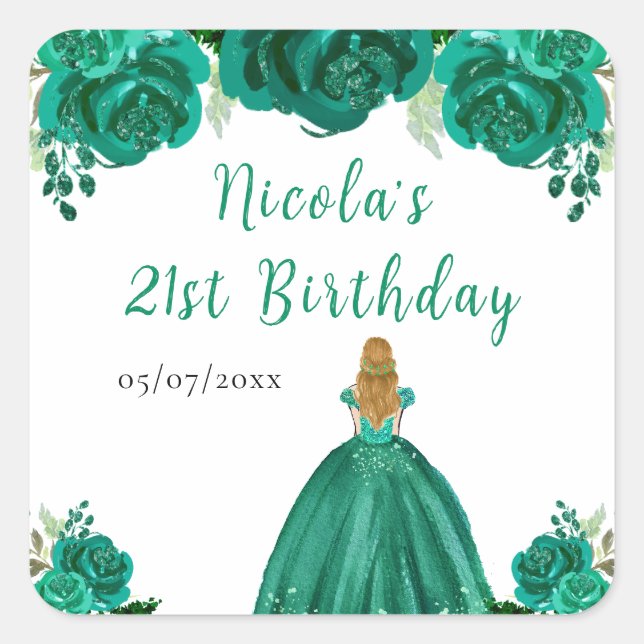 Blonde Hair Princess Green Floral Birthday Party Square Sticker (Front)