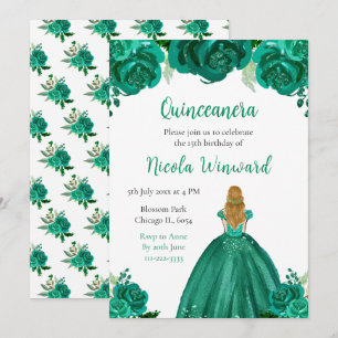 Blonde Hair Princess Green Floral Quinceanera Invitation