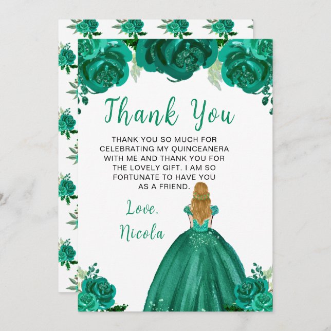 Blonde Hair Princess Green Floral Quinceanera Thank You Card (Front/Back)