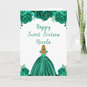Blonde Hair Princess Green Floral Sweet Sixteen  Card