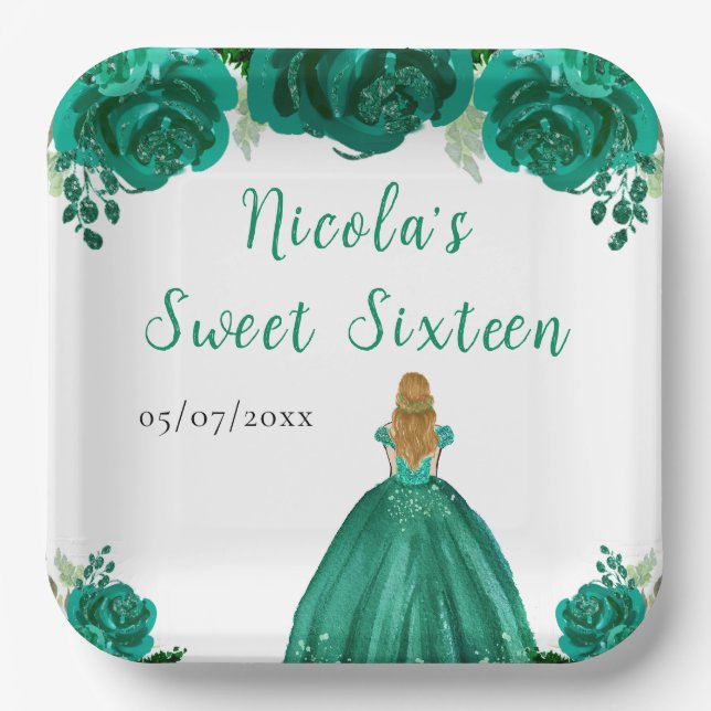 Blonde Hair Princess Green Floral Sweet Sixteen  Paper Plate (Front)