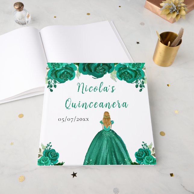 Blonde Hair Princess Green Quinceanera Guest Book (Front Open)