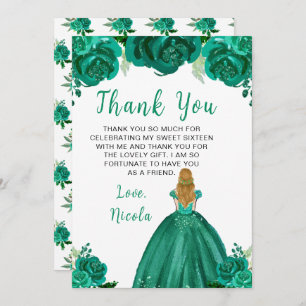 Blonde Hair Princess Green Sweet Sixteen Thank You Card