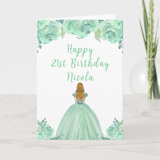 Blonde Hair Princess Mint Floral Birthday Party Card (Front)