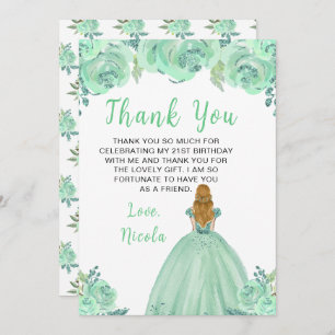 Blonde Hair Princess Mint Floral Birthday Party Thank You Card