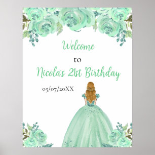 Blonde Hair Princess Mint Floral Birthday Welcome Poster