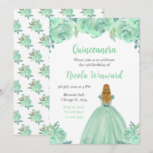 Blonde Hair Princess Mint Floral Quinceanera Invitation